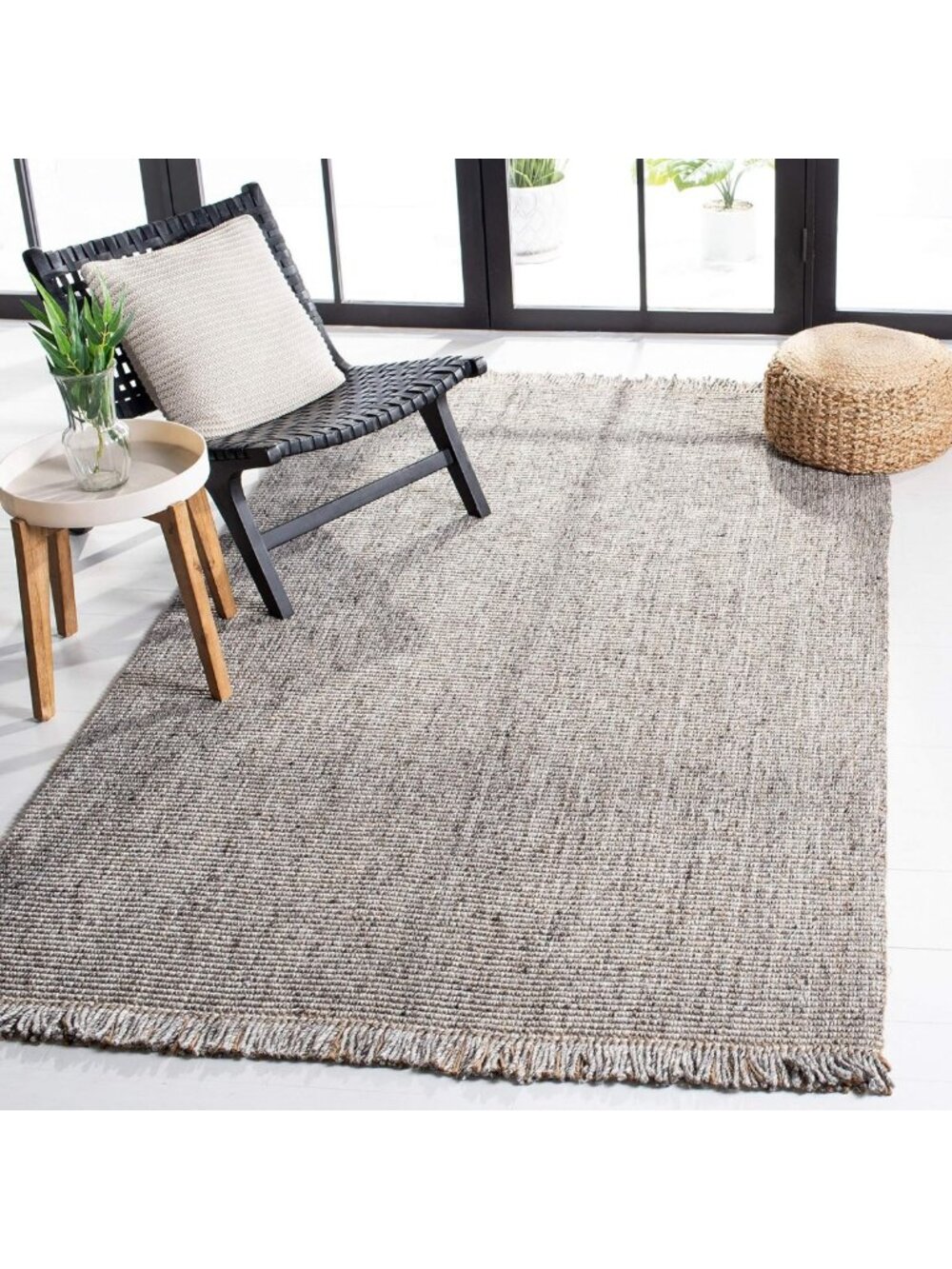 Handmade Jute Accent Rug 3' x 5' - Grey & Natural, Woven Fringe, High Traffic